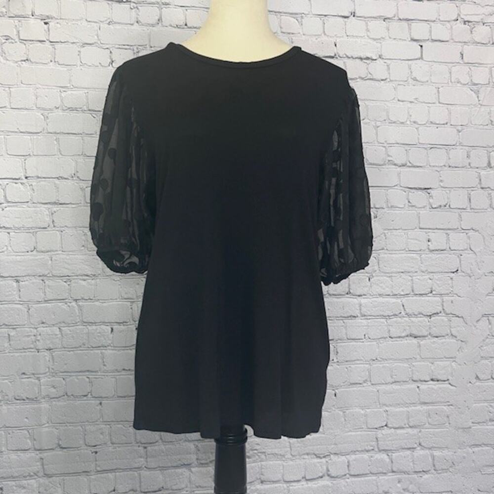 Misha Circle Puffed Balloon Sleeve Blouse Black Crew Neck Top Women's Size Large